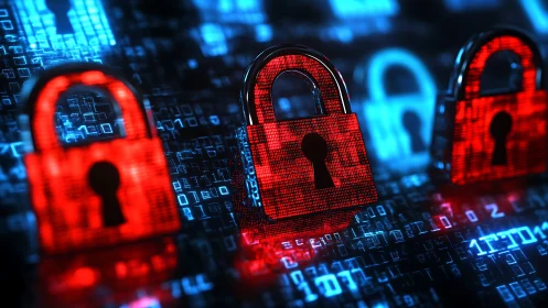 Red digital padlocks over binary code symbolizing data security