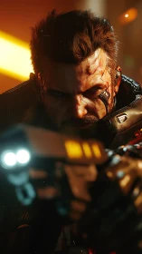 Cybernetic gunman aims futuristic pistol under neon light