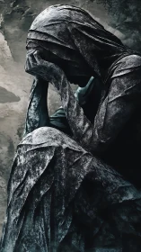 Shrouded stone figure bows in sorrowful, contemplative silence.