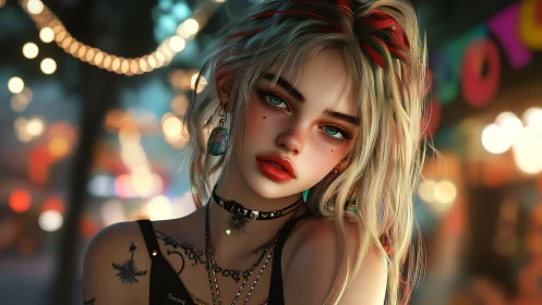 Neon-lit punk girl gazes softly amid dreamy city bokeh.