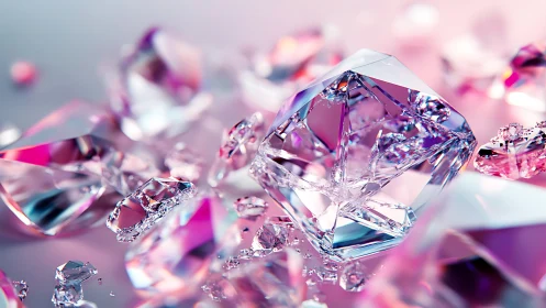 Faceted crystal fragments on reflective pink surface.