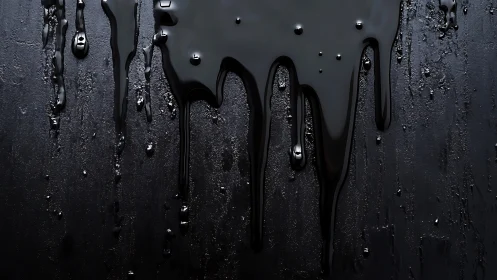 Glossy black liquid drips over textured dark surface.