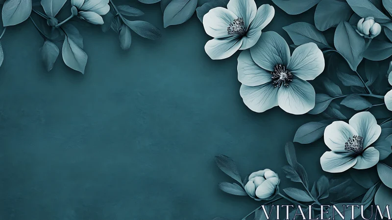 Monochrome teal floral border frames negative space with depth
