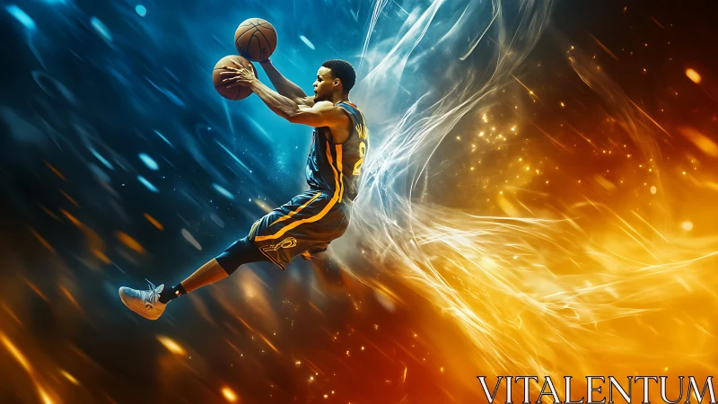 Dynamic basketball player soars through fiery blue energy field.