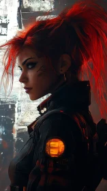 Cybernetic operative in profile, red volumetric hair and neon HUD patch