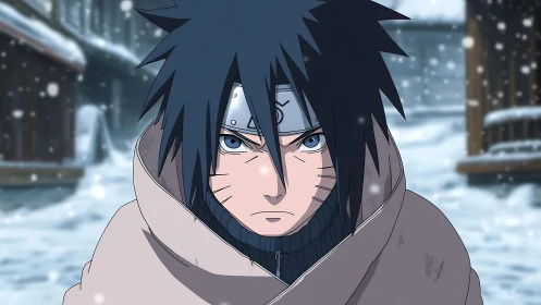 Snowbound ninja gaze carved sharp against winter silence.