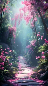 Enchanted stone path through radiant pink blossom forest.