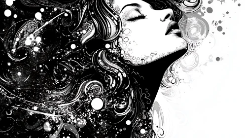 Monochrome vector portrait with fluid splatter dynamics.
