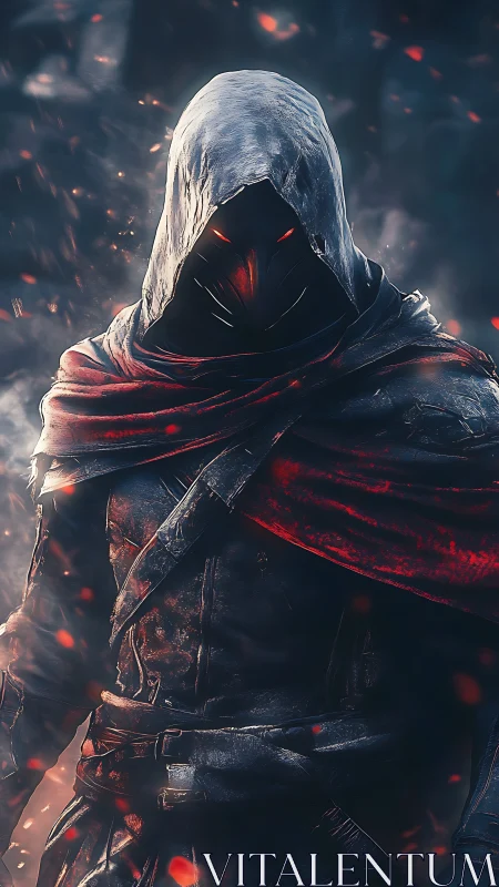 Hooded armored figure with red eyes in embers and smoke.