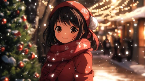 Smiling anime girl in red winter coat on festive snowy street