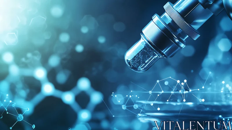 Photorealistic lab microscope with molecular network overlay.