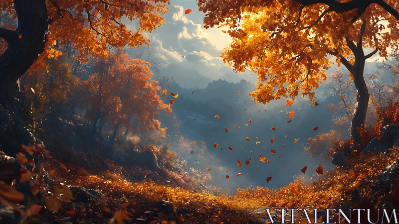 Autumn Forest Scene with Falling Leaves.