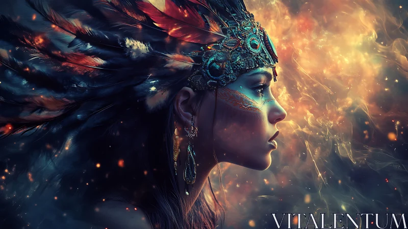 Profile portrait of woman in jeweled feathered headdress.