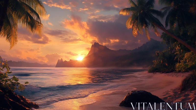 Tropical coastline sunset with calm sea and palm trees.