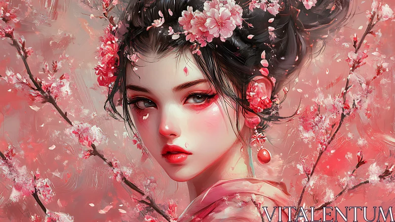 Digital portrait of floral-adorned girl in saturated red palette