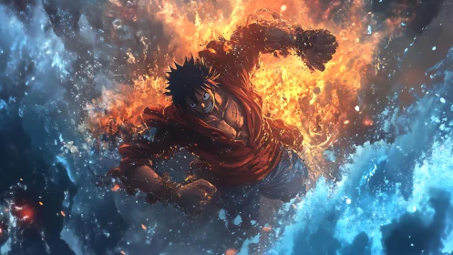 Fire-forged fighter storms through roaring ocean of sparks