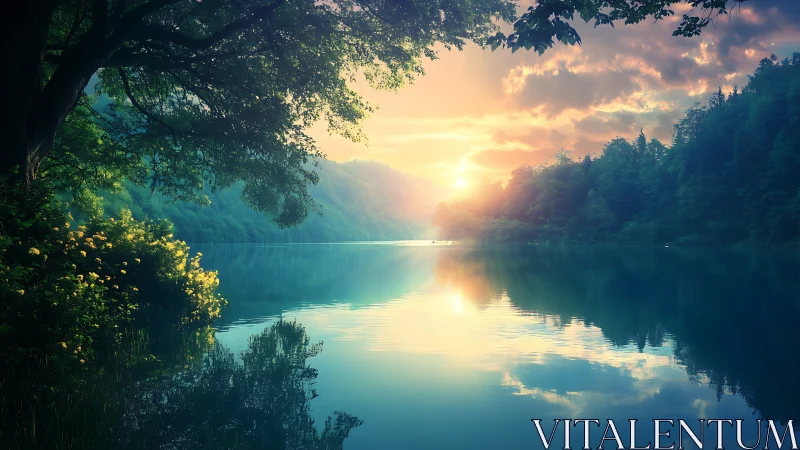 Sunlit forest lake glows under a tranquil pastel sunrise.