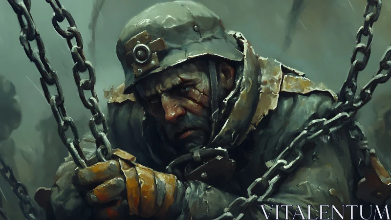 Battle-hardened soldier straining against heavy chains.