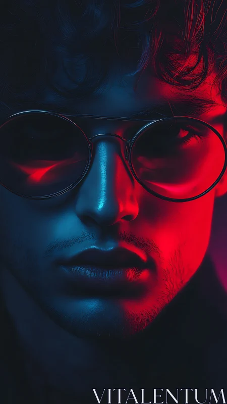 Neon-lit portrait merges blue and red light on sunglasses.