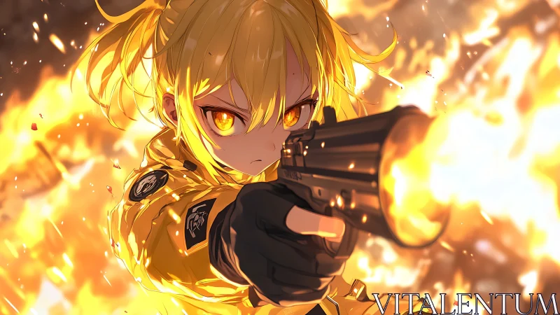 Fiery anime heroine holding her ground in blazing chaos.