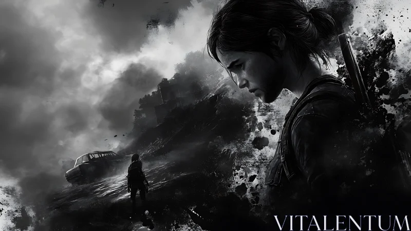 Monochrome female survivor study in hostile landscape.