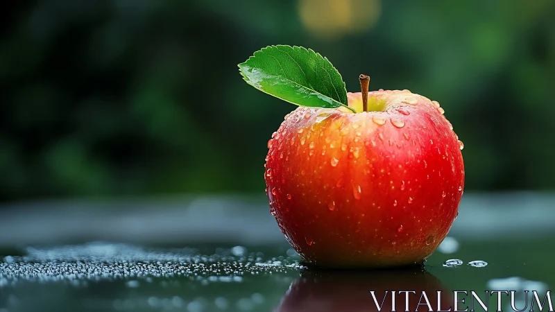 High-contrast macro of dew-covered red apple on wet glass