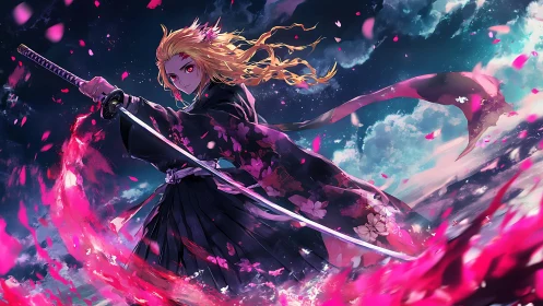 Blonde swordswoman amid flaming petals under stormy sky.