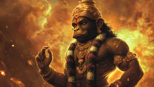 Firelit monkey deity poised in calm, golden blessing storm.