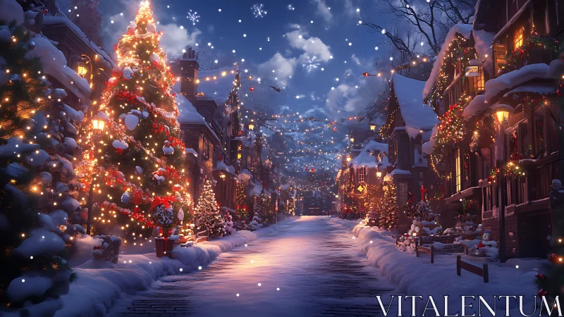 Snowy Christmas village street under glowing festive lights.
