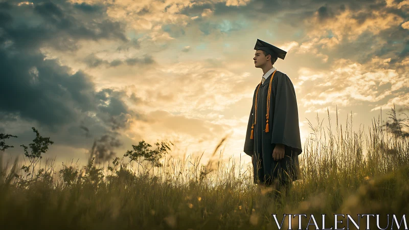 Graduate stands in tall grass under dramatic sunset sky