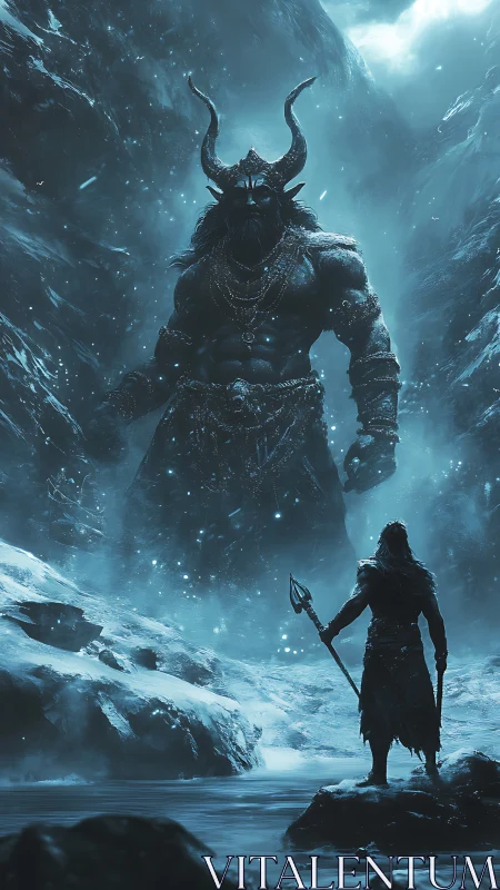 Colossal horned frost giant confronts lone warrior in glacial ravine