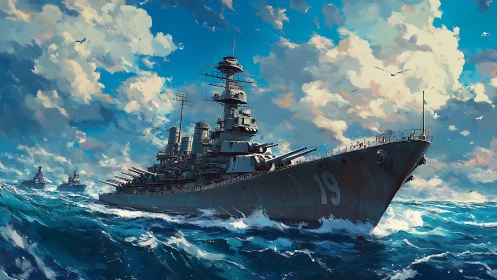 Large naval battleship number 19 moving through open ocean.