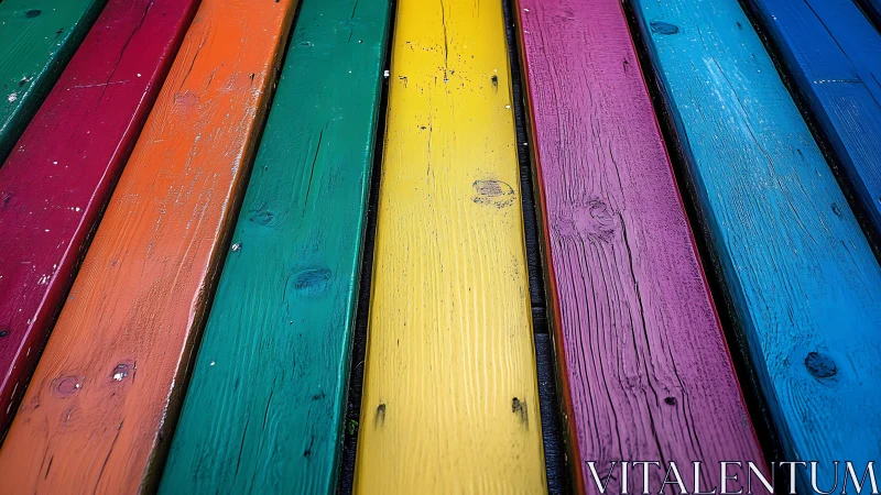Parallel wooden planks painted in segmented rainbow colors.