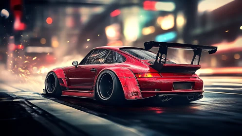 Red tuned sports car drifting through neon city streets.