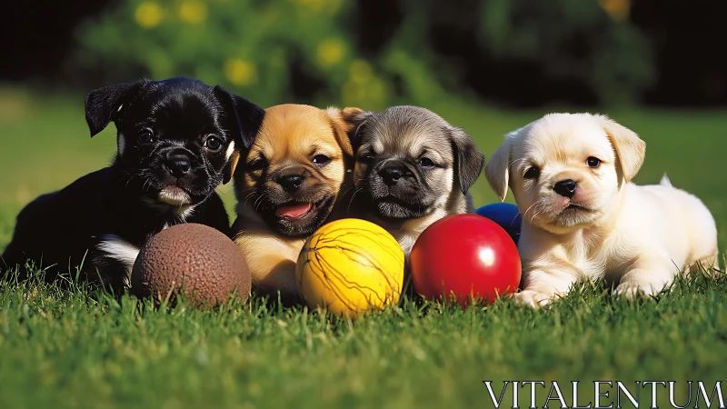 Playful puppies rest on green grass with colorful toys