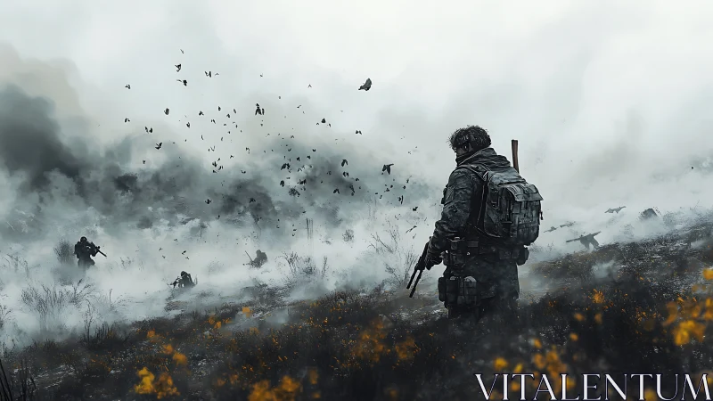 Mist-wrapped soldiers crossing a haunted, foggy valley.