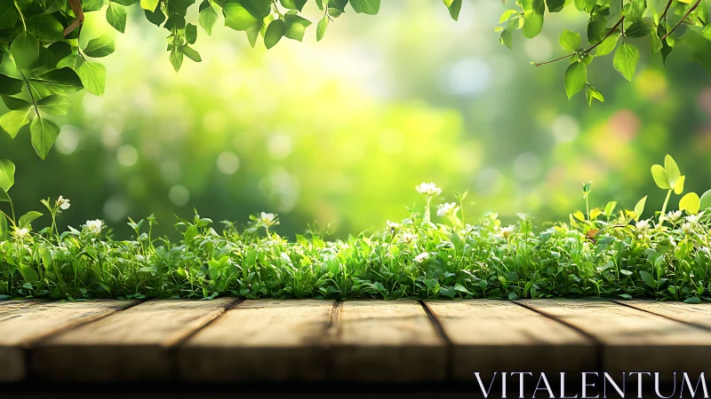 Sunlit garden edge over a warmly weathered wooden deck.