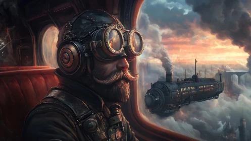 Steampunk sky traveler watching a cloudbound locomotive dream.