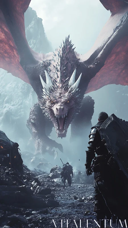 Armored warriors confront large dragon in rocky valley.