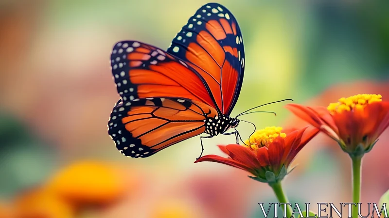 Monarch butterfly macro on vivid orange zinnia blooms.