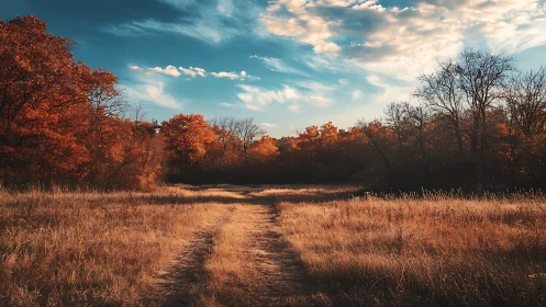 Dusty autumn trail wanders toward a sky painted in copper