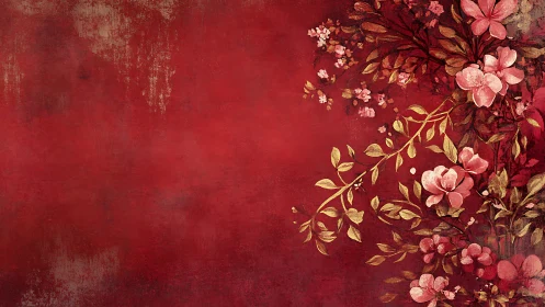 Floral composition on deep red background with gold accents