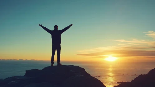Sunrise triumph silhouette on coastal cliff horizon.