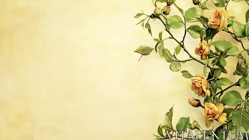 Golden garden roses lean gently across a soft cream wall