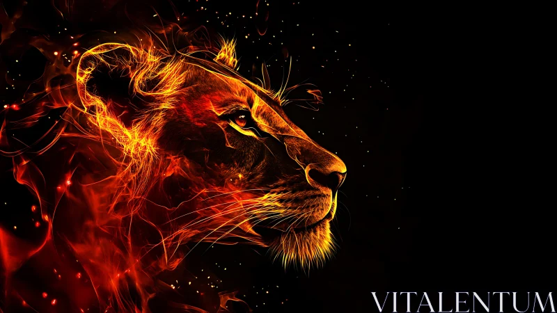 Fiery lion profile glowing softly against midnight black.