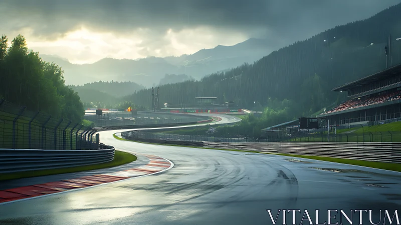 Rain-soaked alpine racetrack under brooding evening sky.