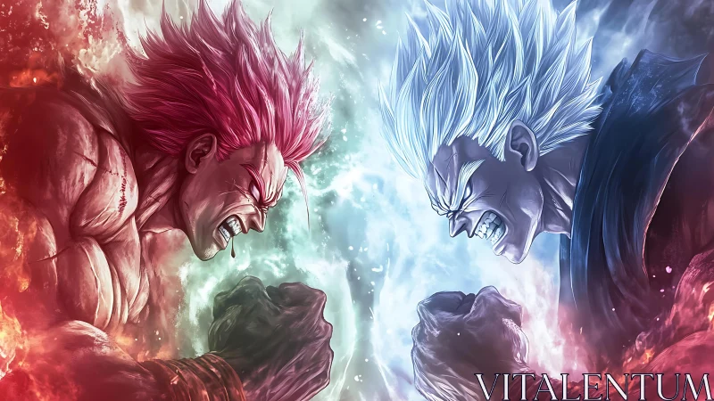 Clashing warriors channel opposing red and blue energy auras.