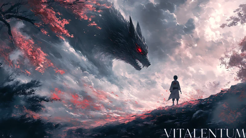 Stormlit ridge confrontation with spectral wolf entity