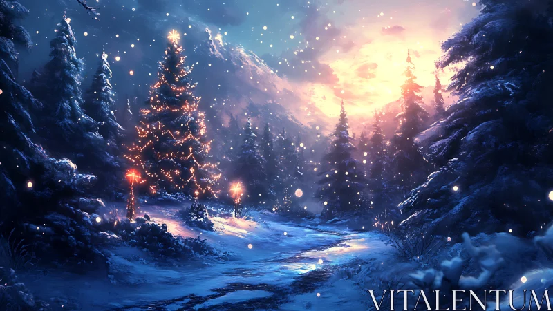 Snowy forest path with glowing Christmas tree at dusk.