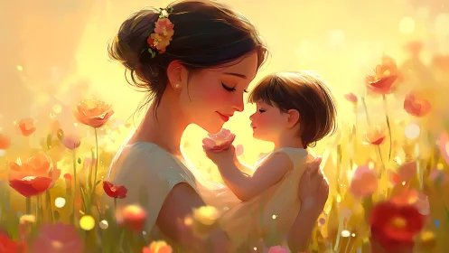 Golden Hour Bloom: Mother & Child in Floral Reverie.